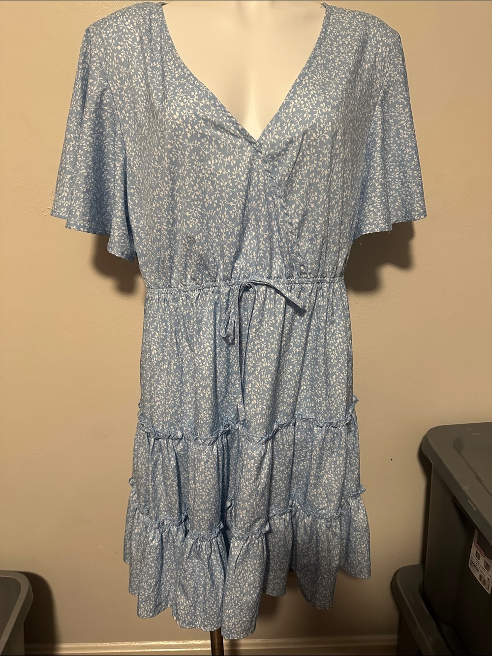 SHEIN Light Blue Floral Tiered Midi Dress with Tie Waist